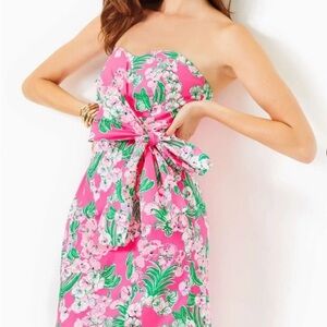 🆕 Lilly Pulitzer Stella Strapless Dress Roxie Pink Green Bow Fitted XS 0